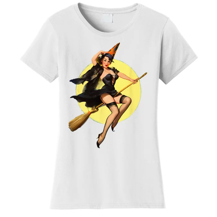 Vintage Pin Up Witch Halloween Pinup Girl Funny Ilustration Women's T-Shirt