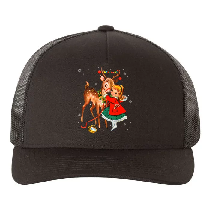 Vintage Pin Up Little Girl Reindeer Retro 1950s Christmas Yupoong Adult 5-Panel Trucker Hat