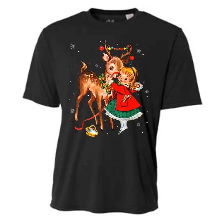 Vintage Pin Up Little Girl Reindeer Retro 1950s Christmas Cooling Performance Crew T-Shirt