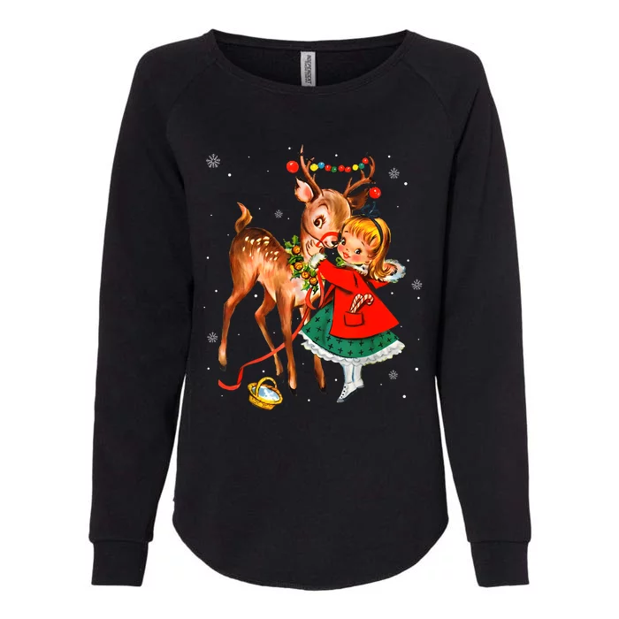 Vintage Pin Up Little Girl Reindeer Retro 1950s Christmas Womens California Wash Sweatshirt