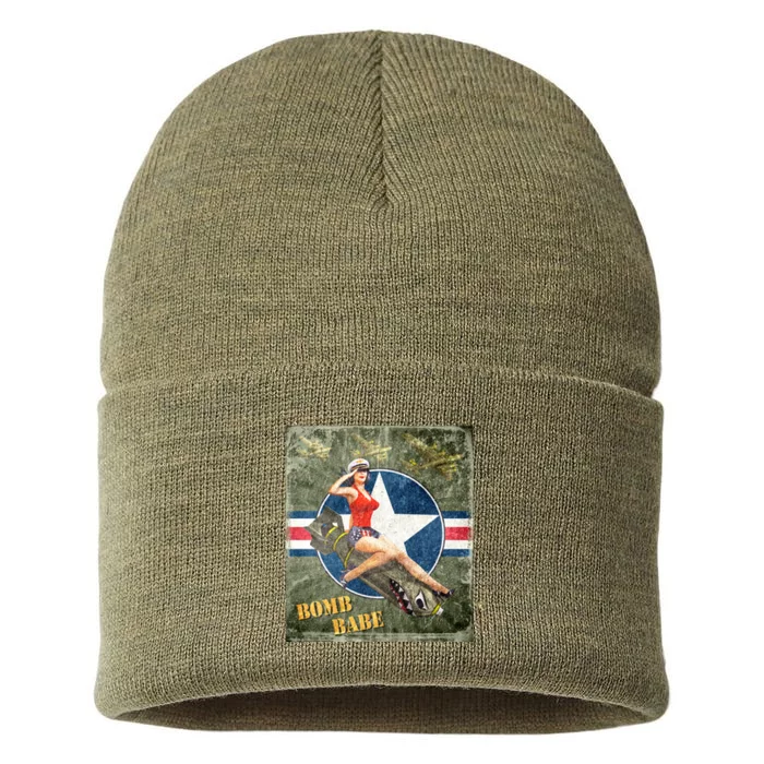 Vintage Pin Up Girl On Bomb Bomber Plane Sustainable Knit Beanie