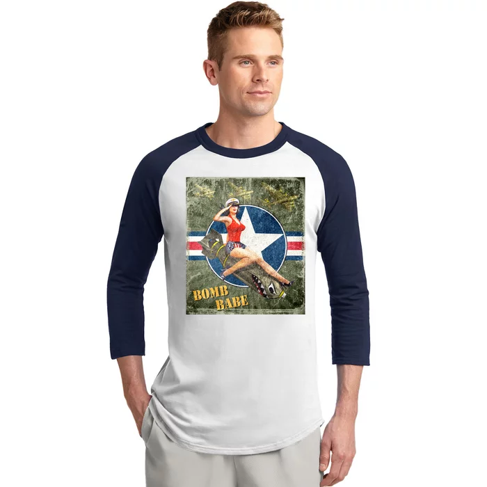 Vintage Pin Up Girl On Bomb Bomber Plane Baseball Sleeve Shirt