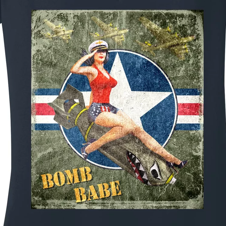 Vintage Pin Up Girl On Bomb Bomber Plane Women's V-Neck T-Shirt