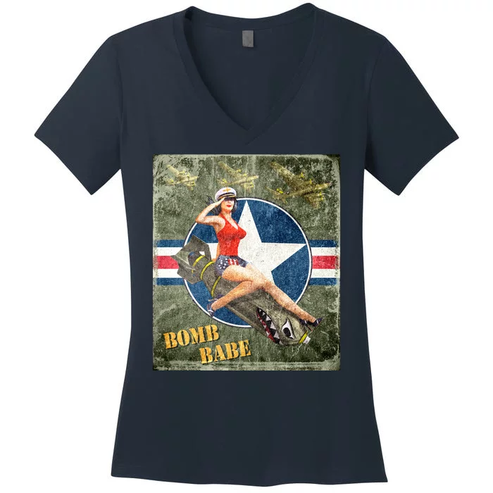 Vintage Pin Up Girl On Bomb Bomber Plane Women's V-Neck T-Shirt