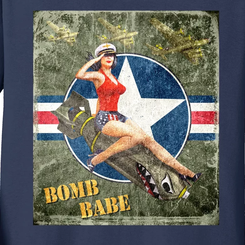 Vintage Pin Up Girl On Bomb Bomber Plane Kids Long Sleeve Shirt