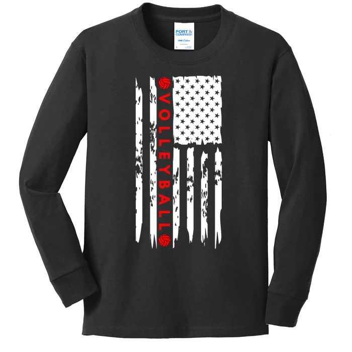 Volleyball Player Vintage American Flag Kids Long Sleeve Shirt