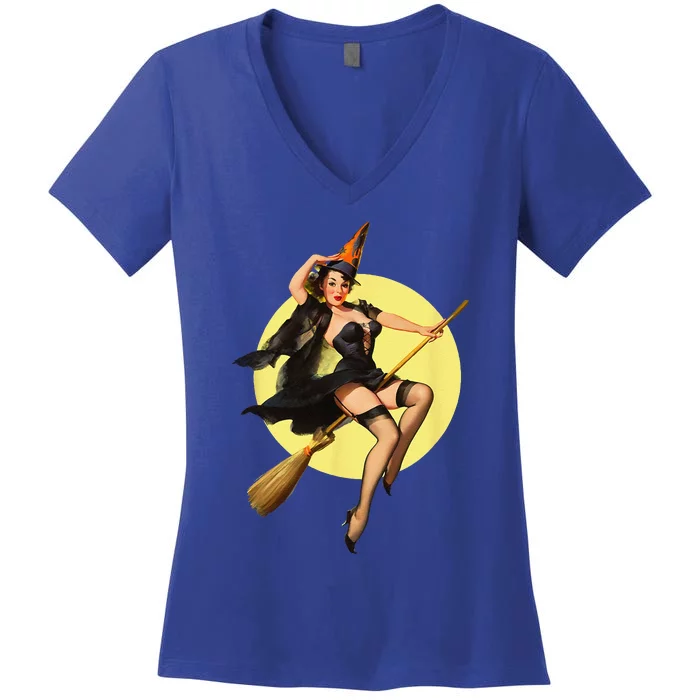 Vintage Pinup Witch On Witches Broom Halloween Pin Up Women's V-Neck T-Shirt