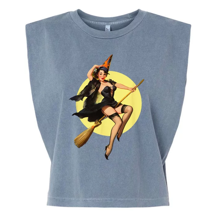 Vintage Pinup Witch On Witches Broom Halloween Pin Up Garment-Dyed Women's Muscle Tee