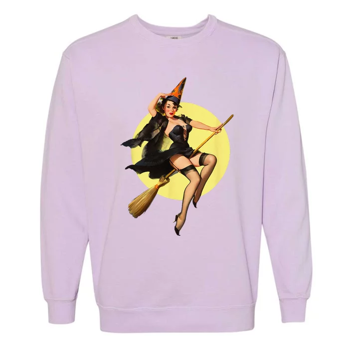 Vintage Pinup Witch On Witches Broom Halloween Pin Up Garment-Dyed Sweatshirt