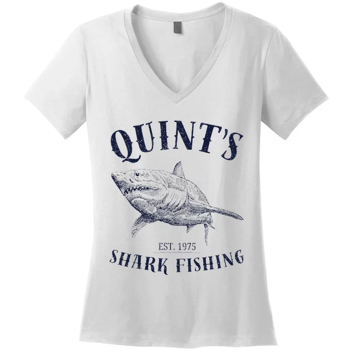 Vintage QuintS Shark 1975 Funny FishingS Retro Women's V-Neck T-Shirt