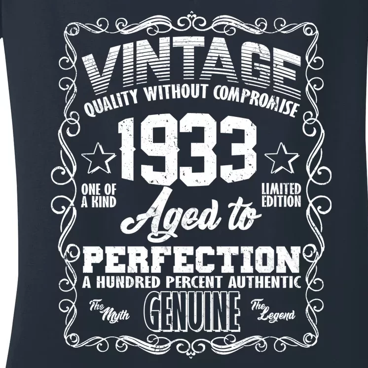 Vintage Quality Without Compromise Aged To Perfection 1933 90th Birthday Women's V-Neck T-Shirt