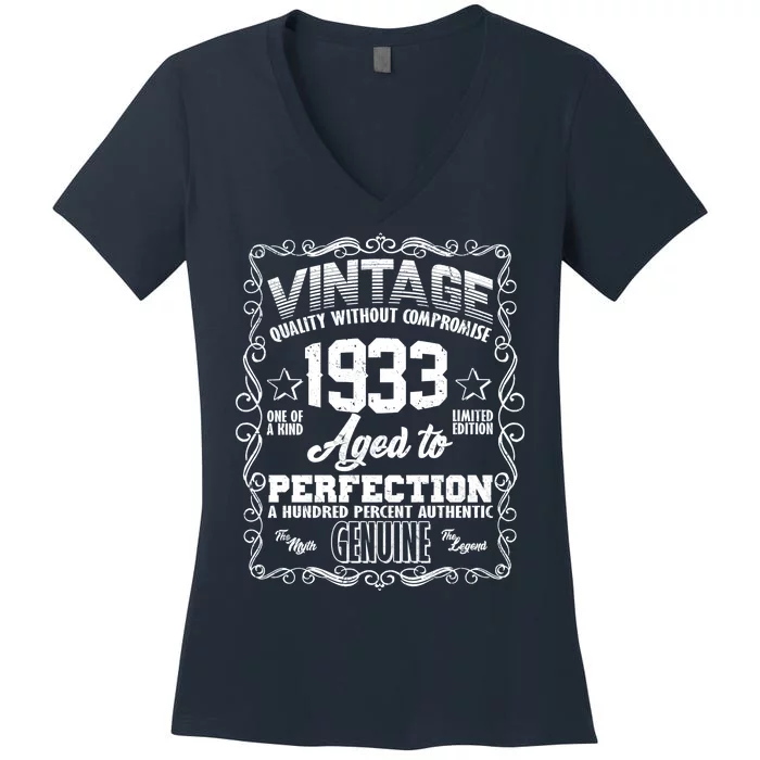 Vintage Quality Without Compromise Aged To Perfection 1933 90th Birthday Women's V-Neck T-Shirt