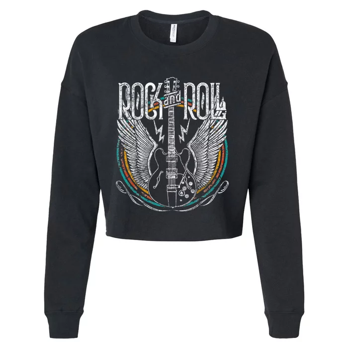 Vintage Retro 80s Rock & Roll Music Guitar Wings Cropped Pullover Crew