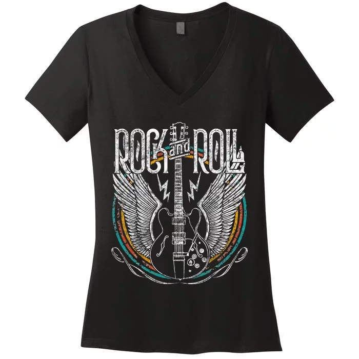 Vintage Retro 80s Rock & Roll Music Guitar Wings Women's V-Neck T-Shirt