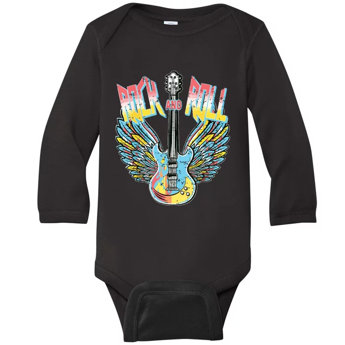 Vintage Retro 80s Rock Roll Music Electric Guitar Wings Baby Long Sleeve Bodysuit