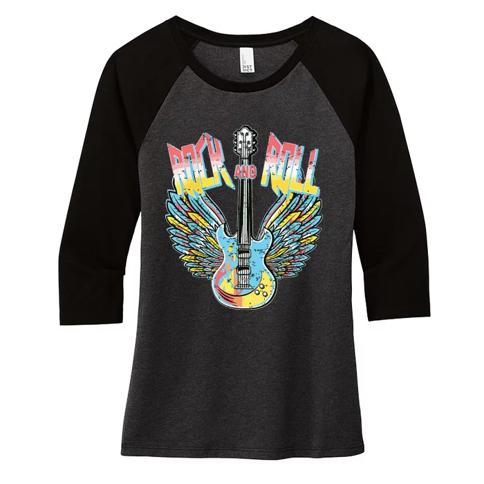 Vintage Retro 80s Rock Roll Music Electric Guitar Wings Women's Tri-Blend 3/4-Sleeve Raglan Shirt