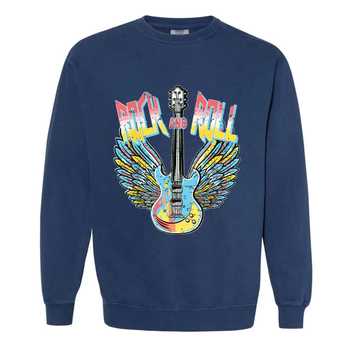 Vintage Retro 80s Rock Roll Music Electric Guitar Wings Garment-Dyed Sweatshirt