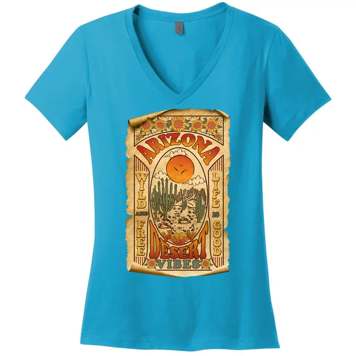 Vintage Retro Arizona Desert Vibes Travel Poster Women's V-Neck T-Shirt