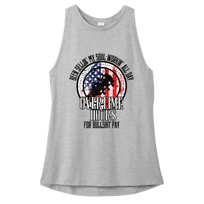 Vintage Retro America Flag Overtime Hours For Bull Pay Ladies Tri-Blend Wicking Tank