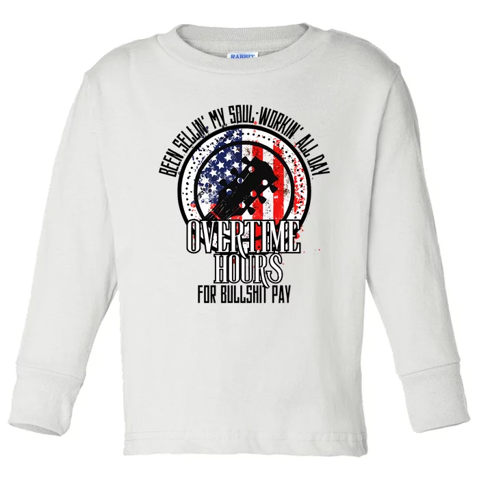 Vintage Retro America Flag Overtime Hours For Bull Pay Toddler Long Sleeve Shirt