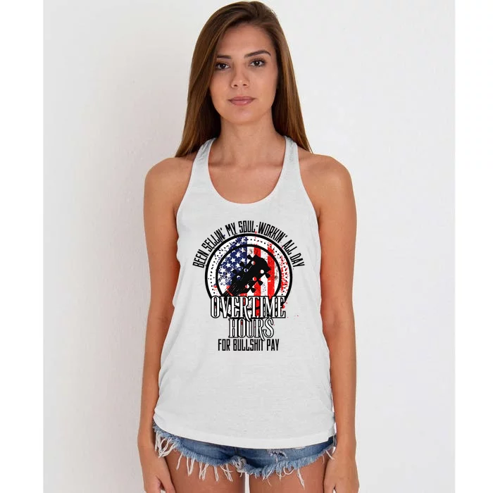 Vintage Retro America Flag Overtime Hours For Bull Pay Women's Knotted Racerback Tank