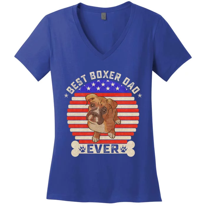 Vintage Retro American Flag Best Boxer Dog Dad Ever Sunset Gift Women's V-Neck T-Shirt