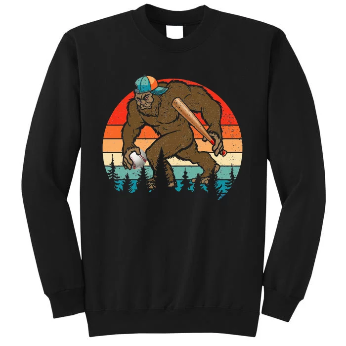 Vintage Retro Bigfoot Playing Baseball Cool Bigfoot Baseball Tall Sweatshirt