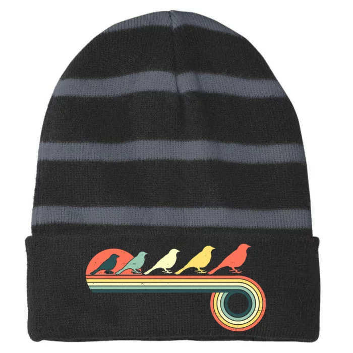 Vintage Retro Bird Striped Beanie with Solid Band