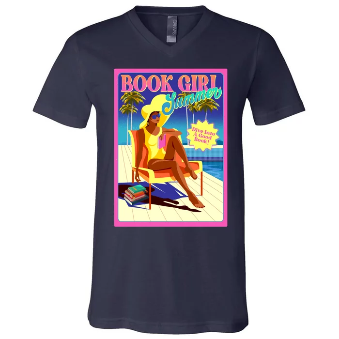 Vintage Retro Book Girl Summer Poster V-Neck T-Shirt