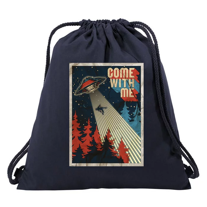 Vintage Retro Come With Me UFO Poster Drawstring Bag