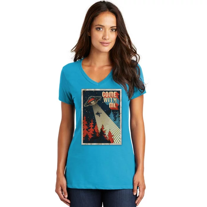 Vintage Retro Come With Me UFO Poster Women's V-Neck T-Shirt