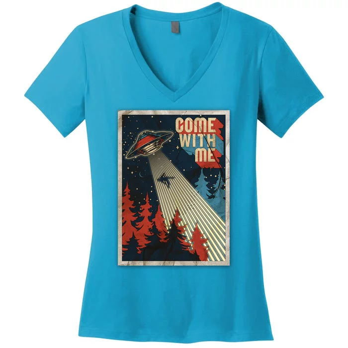 Vintage Retro Come With Me UFO Poster Women's V-Neck T-Shirt