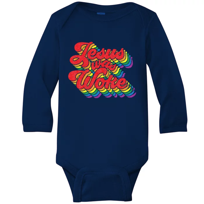 Vintage Retro Christian Ally Pride Rainbow Jesus Was Woke Baby Long Sleeve Bodysuit