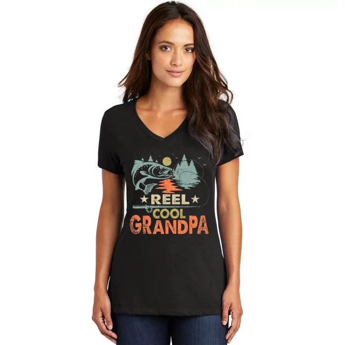 Vintage Reel Cool Grandpa Fishing Lover Gift For Dad Women's V-Neck T-Shirt