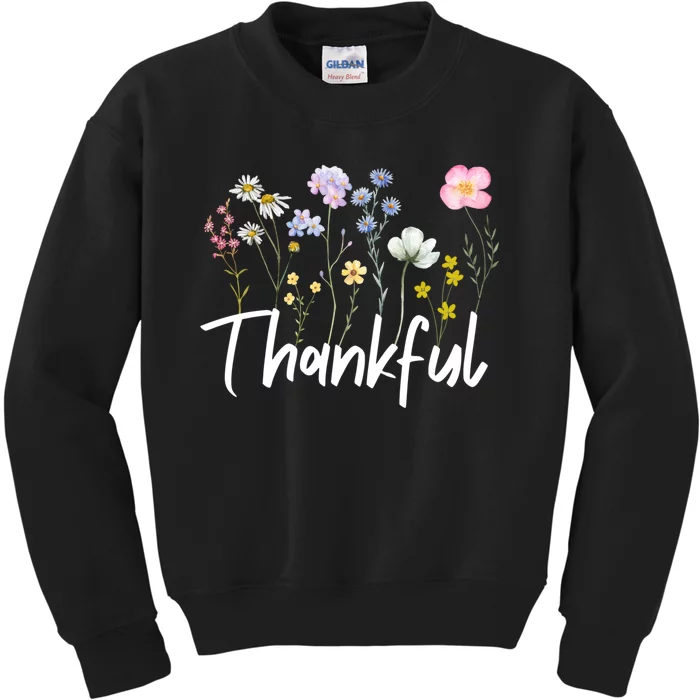 Vintage Retro Cute Thankful Flower Fall Season Floral Lover Kids Sweatshirt