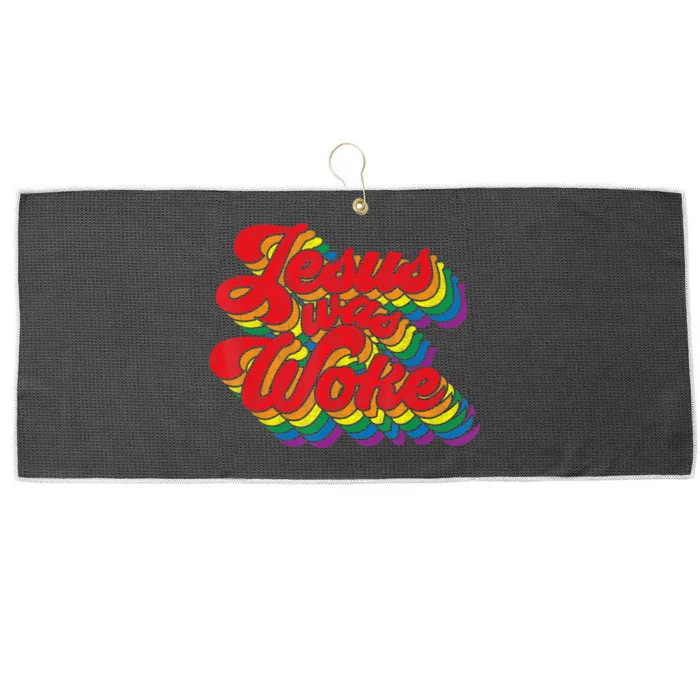 Vintage Retro Christian Ally Pride Rainbow Jesus Was Woke Large Microfiber Waffle Golf Towel