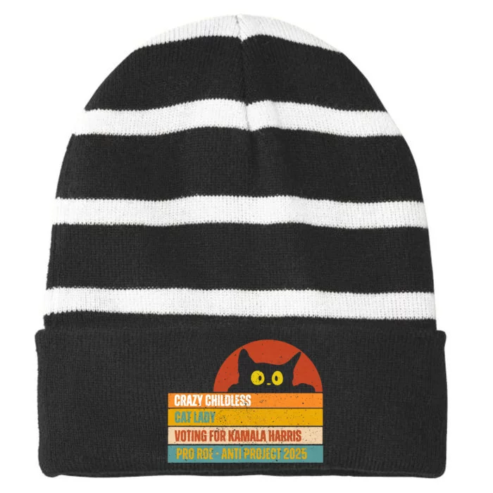 Vintage Retro Childless Cat Ladies For Kamala Harris President 47 Striped Beanie with Solid Band