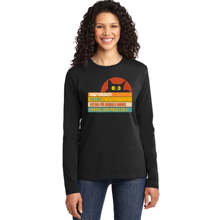 Vintage Retro Childless Cat Ladies For Kamala Harris President 47 Ladies Long Sleeve Shirt