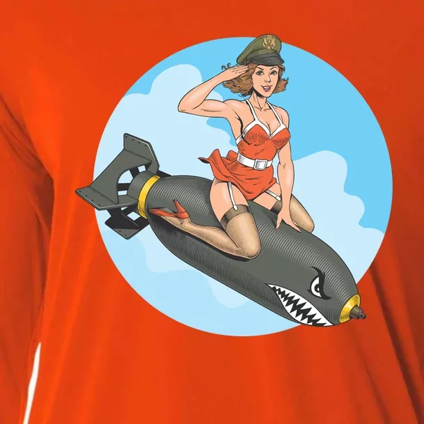 Vintage Retro Comic Style Sexy Woman Riding A Bomb Cooling Performance Long Sleeve Crew