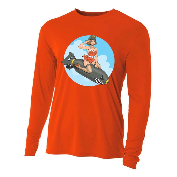 Vintage Retro Comic Style Sexy Woman Riding A Bomb Cooling Performance Long Sleeve Crew