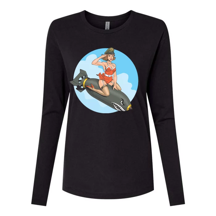 Vintage Retro Comic Style Sexy Woman Riding A Bomb Womens Cotton Relaxed Long Sleeve T-Shirt