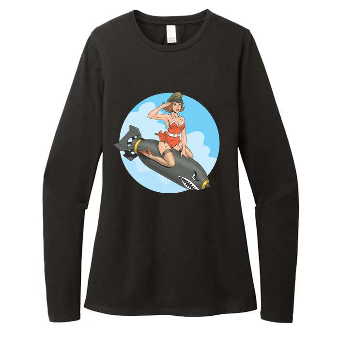 Vintage Retro Comic Style Sexy Woman Riding A Bomb Womens CVC Long Sleeve Shirt