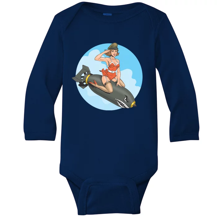 Vintage Retro Comic Style Sexy Woman Riding A Bomb Baby Long Sleeve Bodysuit