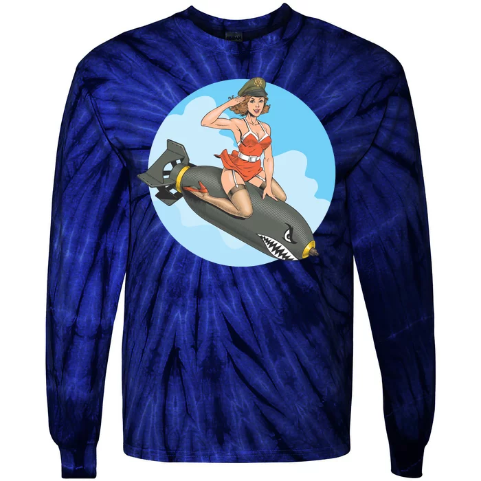 Vintage Retro Comic Style Sexy Woman Riding A Bomb Tie-Dye Long Sleeve Shirt