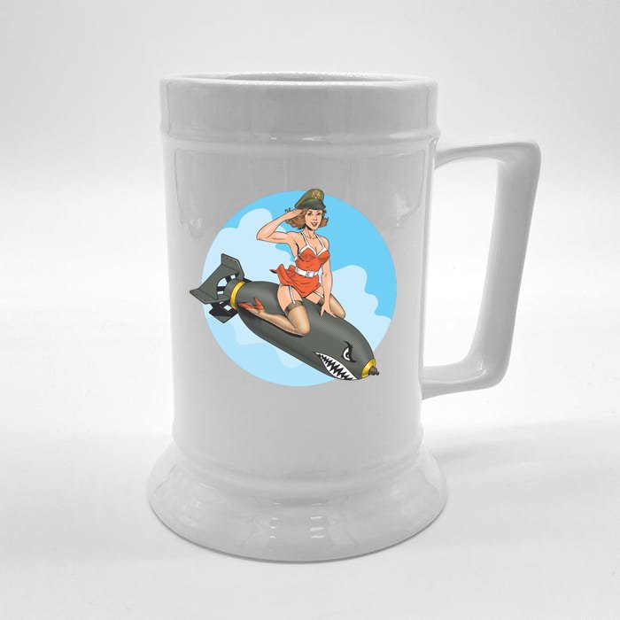 Vintage Retro Comic Style Sexy Woman Riding A Bomb Front & Back Beer Stein