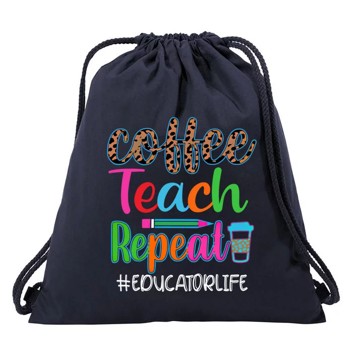 Vintage Retro Coffee Teach Repeat Educator Life Gift Drawstring Bag