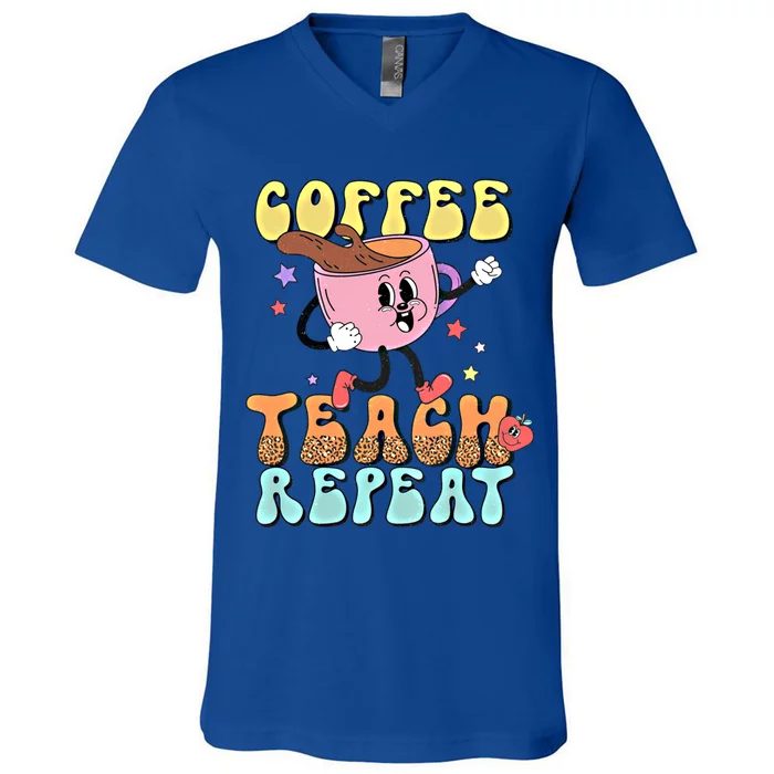 Vintage Retro Coffee Teach Repeat Leopard Gift V-Neck T-Shirt