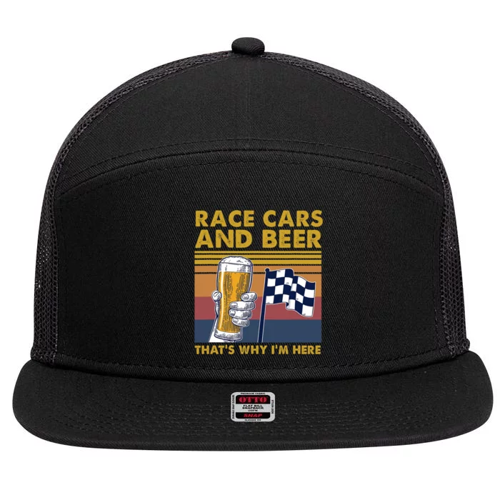 Vintage Race Cars Checkered Flag Beer Thats Why Im Here 7 Panel Mesh Trucker Snapback Hat