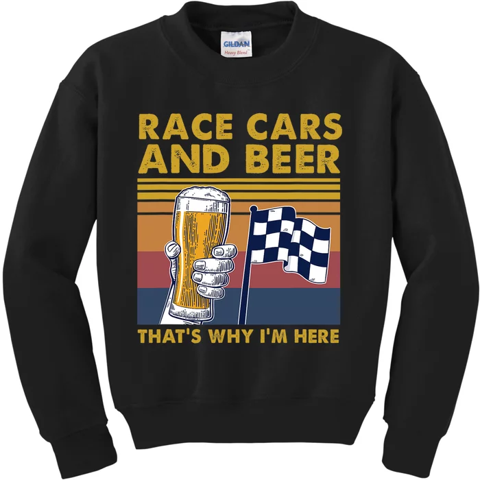 Vintage Race Cars Checkered Flag Beer Thats Why Im Here Kids Sweatshirt