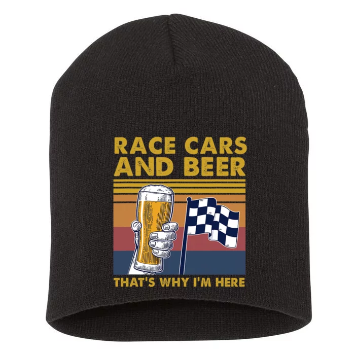 Vintage Race Cars Checkered Flag Beer Thats Why Im Here Short Acrylic Beanie